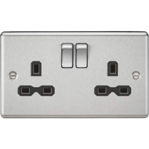 13A 2G DP Switched Socket with Twin Earths - Brushed Chrome with Black Insert