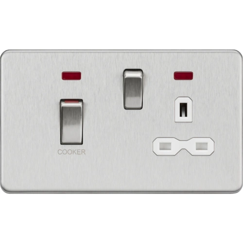 45A DP Switch and 13A Socket with Neons - Brushed Chrome with White Insert