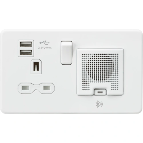 13A Socket Bluetooth Speaker and Dual USB A+A (5V DC 2.4A shared) - Matt White with White Insert