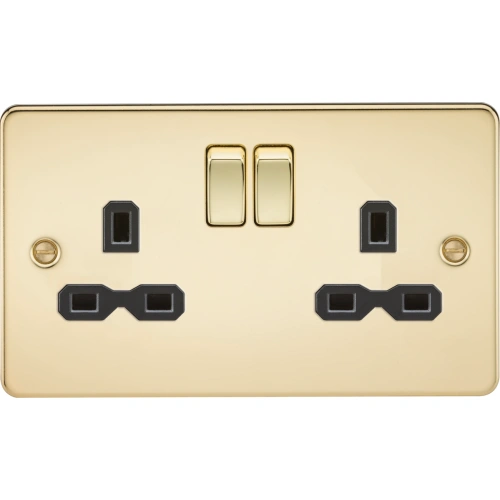 13A 2G DP Switched Socket with Twin Earths - Polished Brass with Black Insert