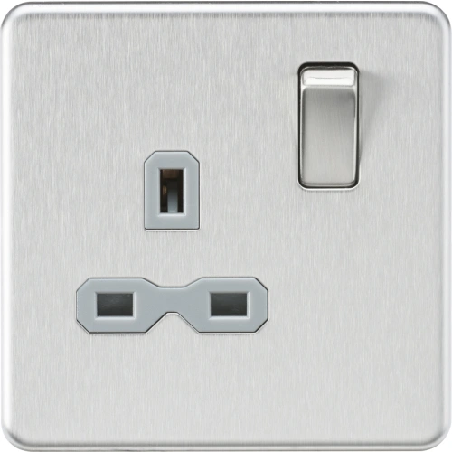 13A 1G DP Switched Socket - Brushed Chrome with Grey Insert