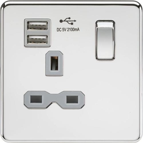 13A 1G SP Switched Socket with Dual USB A+A (5V DC 2.1A shared) - Polished Chrome with Grey Insert