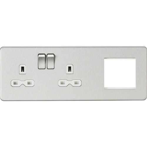 13A 2G DP Socket + 2G Modular Combination Plate - Brushed Chrome with White Insert