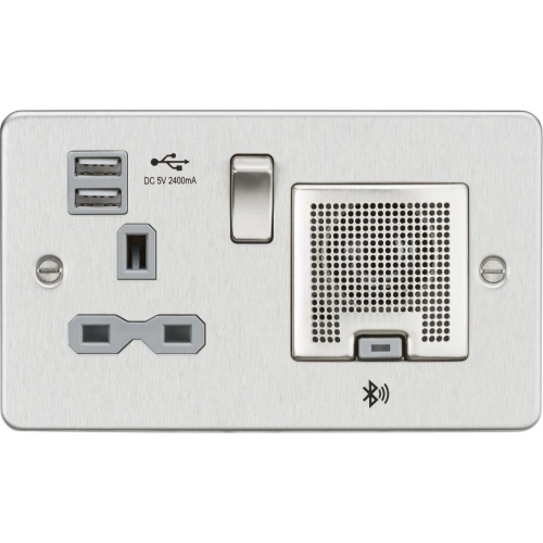 13A Socket Bluetooth Speaker and Dual USB A+A (5V DC 2.4A shared) - Brushed Chrome with Grey Insert