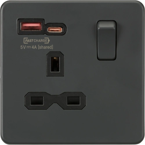 13A 1G SP Switched Socket with Dual USB A+C 12V DC 1.5A [Max. 18W] - Anthracite with Black Insert