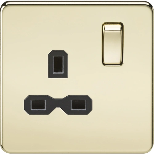 13A 1G DP Switched Socket - Polished Brass with Black Insert