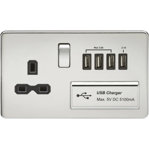 13A Switched Socket with Quad USB-A (5V DC 5.1A shared) - Polished Chrome with Black Insert