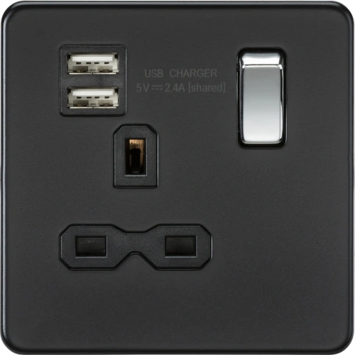 13A 1G SP Switched Socket with Dual USB A+A (5V DC 2.4A shared) - Matt Black with Chrome Rocker