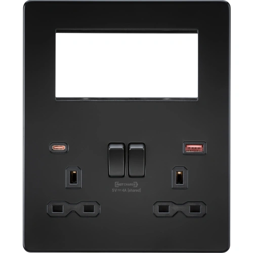 Small Multimedia Combo Plate + Dual USB A+C 12V DC 1.5A (Max. 18W) - Matt Black w/Black Insert