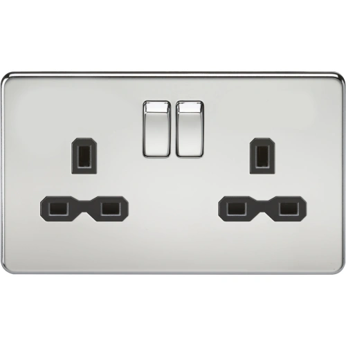 13A 2G DP Switched Socket with Twin Earths - Polished Chrome with Black Insert