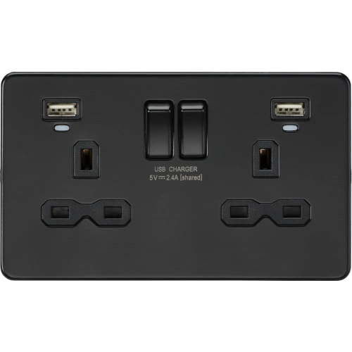 13A 2G Switched Socket, Dual USB (2.4A) with LED Charge Indicators - Matt Black