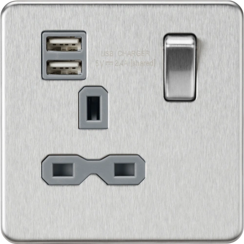 13A 1G SP Switched Socket with Dual USB A+A (5V DC 2.4A shared) - Brushed Chrome with Grey Insert