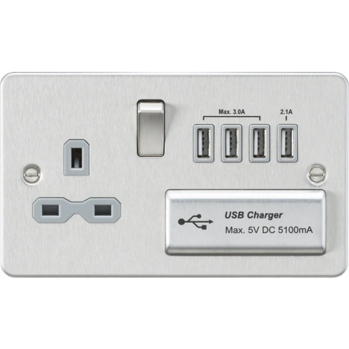 13A Switched Socket with Quad USB-A (5V DC 5.1A shared) - Brushed Chrome with Grey Insert