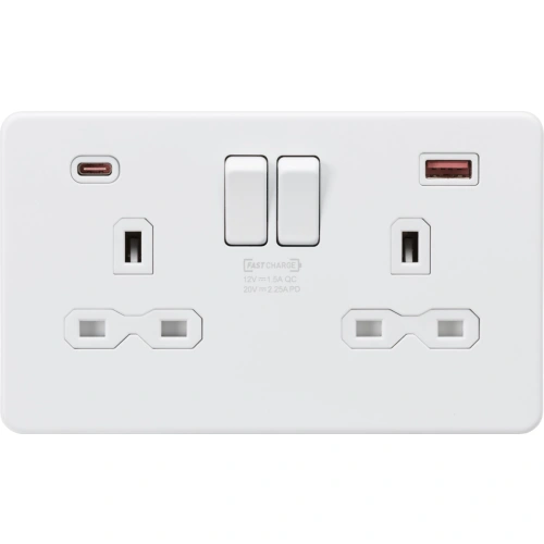 13A 2G DP Switched Socket with Dual USB A+C 20V DC 2.25A (Max. 45W) - Matt White with White Insert