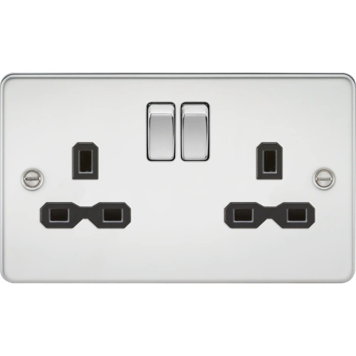 13A 2G DP Switched Socket with Twin Earths - Polished Chrome with Black Insert