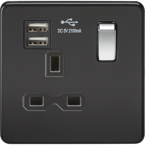 13A 1G SP Switched Socket with Dual USB A+A (5V DC 2.1A shared) - Matt Black with Chrome Rocker