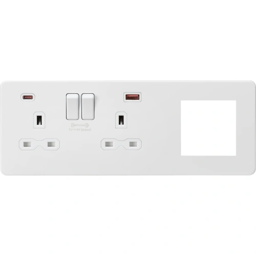 13A 2G DP Socket +2G Modular + Dual USB A+C 12V DC 1.5A (Max. 18W) - Matt White w/White Insert/