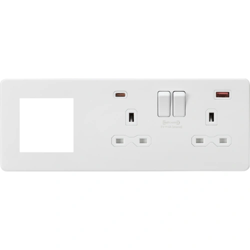 13A 2G DP Socket +2G Modular + Dual USB A+C 12V DC 1.5A (Max. 18W) - Matt White w/White Insert