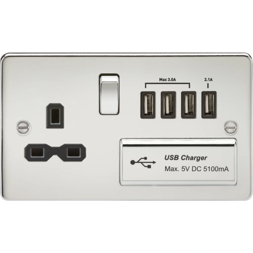 13A Switched Socket with Quad USB-A (5V DC 5.1A shared) - Polished Chrome with Black insert